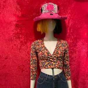 60’s bright orange multicolor, long sleeve, crop top floral wrap top.